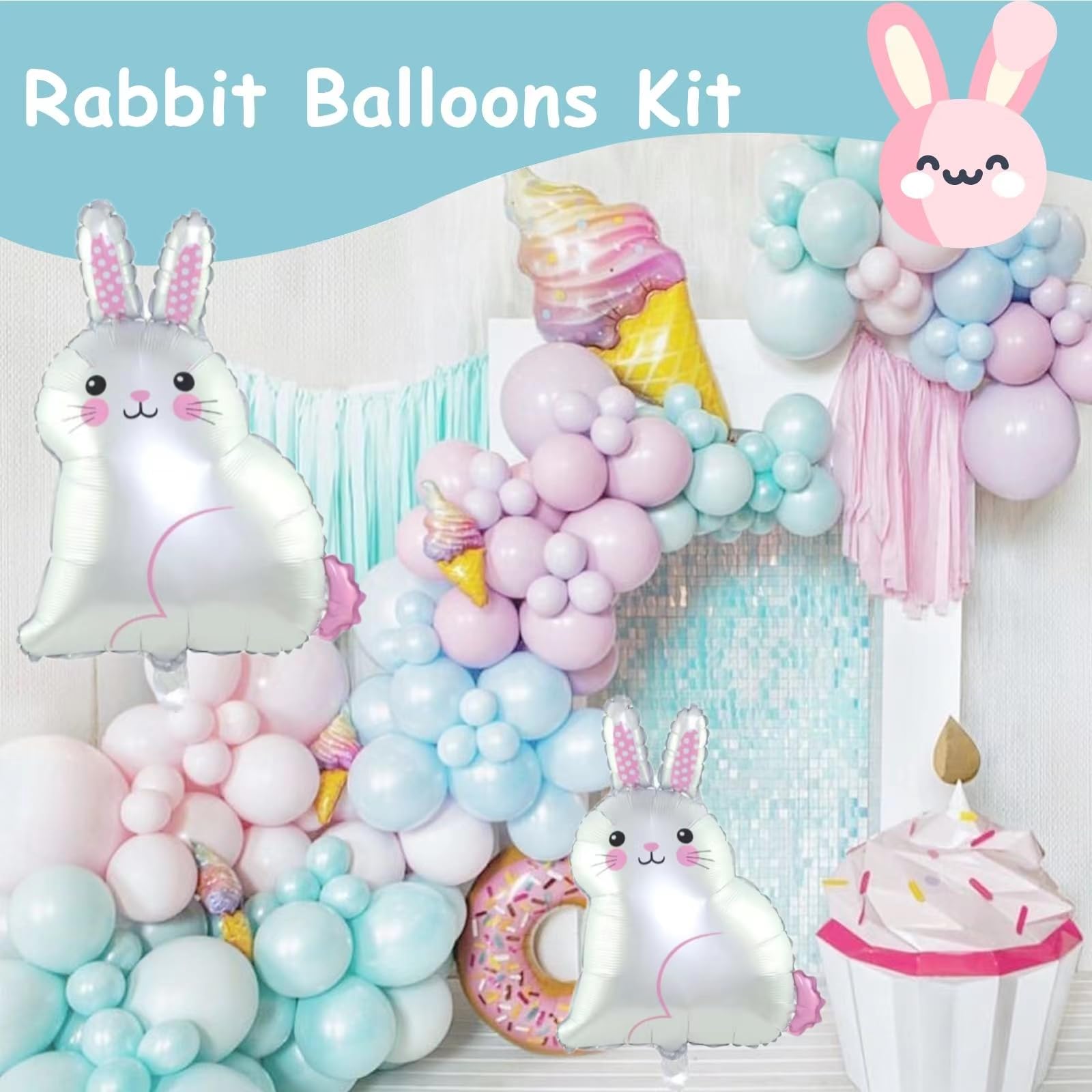 30inch Giant Rabbit Balloon Set of 4, Birthday Party Decorations for Girl Cute Cartoon Party Supplies, Foil Mylar Helium Animal Balloons for Baby Shower, Graduations, Photo Shoot