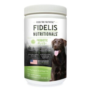 fidelis probiotic plus+ pet probiotics for dogs, digestive gut health, yeast, itchy skin/ears, paw licking, safe dog treat supplement for pets, adult, big & small, made in usa, duck flavor, 120 chews