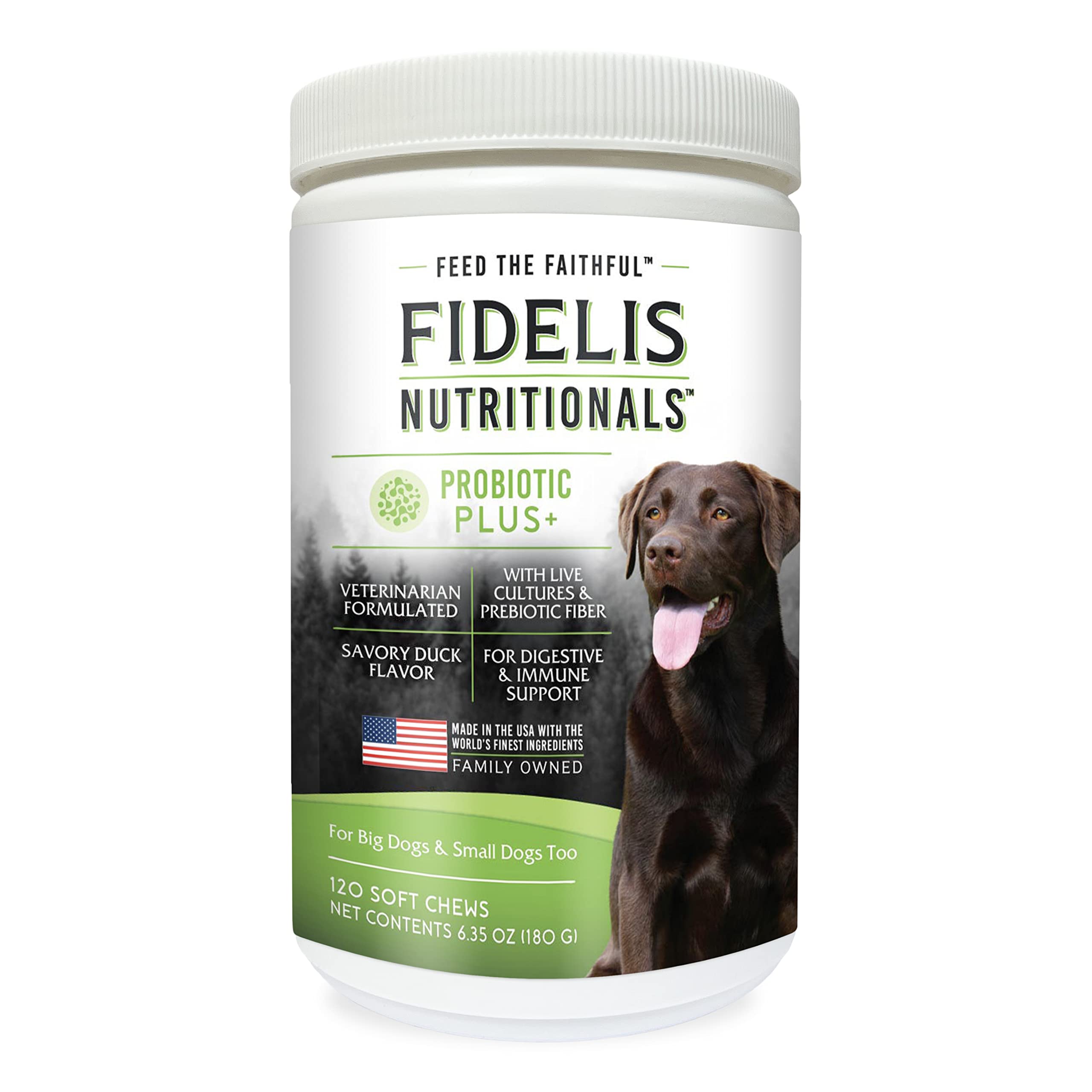 FIDELIS Probiotic Plus+ Pet Probiotics for Dogs, Digestive Gut Health, Yeast, Itchy Skin/Ears, Paw Licking, Safe Dog Treat Supplement for Pets, Adult, Big & Small, Made in USA, Duck Flavor, 120 Chews