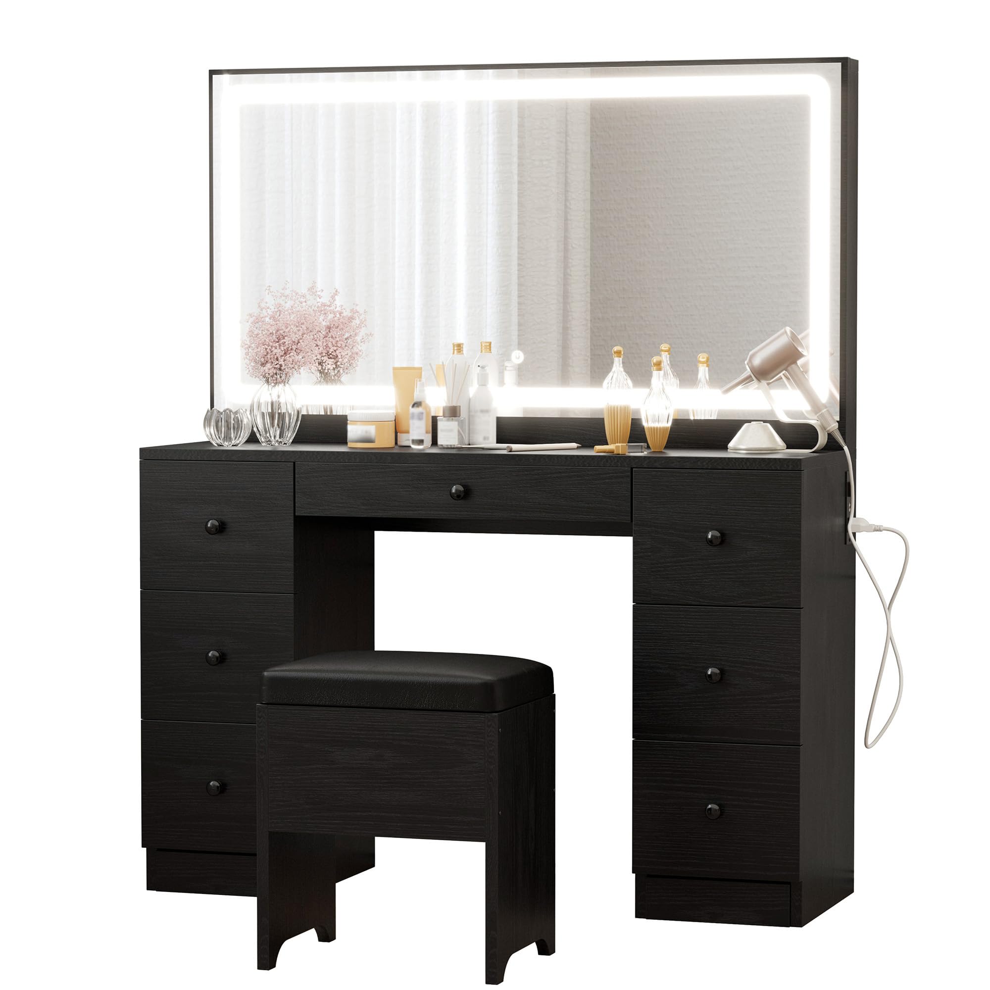 IRONCK Vanity Desk with LED Lighted Mirror & Power Outlet, 7 Drawers Makeup Vanities Table with Stool, for Bedroom, White