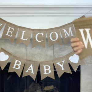 Shimmer Anna Shine Welcome Baby Burlap Banner for Baby Shower Decorations and Gender Reveal Party