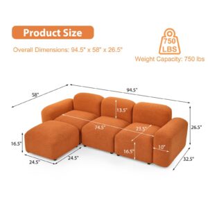 CALABASH Convertible Modular Sectional Sofa, 94.5''W L-Shape Couch with Reversible Chaise DIY Combination Teddy Fabric Cloud Sofa Couch for Living Room, Bedroom(Orange)