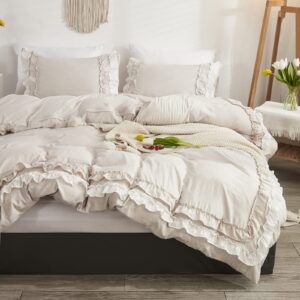 Beige Farmhouse Bedding Set Pleated Ruffle Duvet Cover Set Beige Gray Lace Ruched Ruffled French Country Style Rustic Textured Duvet Cover King with 2 Pillowcases