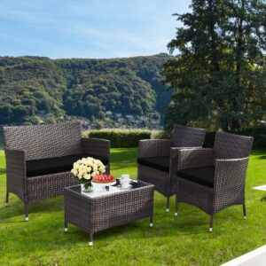 HAPPYGRILL 4 Pieces Patio Sofa Set Rattan Wicker Furniture Patio Conversation Set with Cushioned Sofa and Coffee Table for Outdoor Backyard Garden Poolside