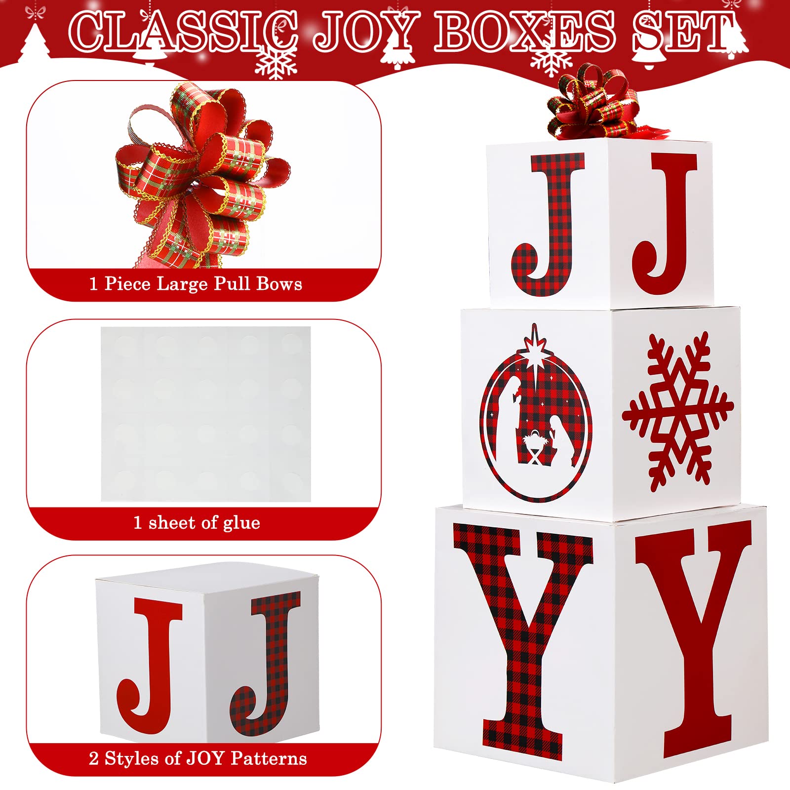 Teling 4 Pieces Christmas Nesting Gift Box Christmas Stackable Box Large Joy Christmas Boxes for Present Xmas Stacking Gift Box Decorations for Christmas Wrapping Party Favor