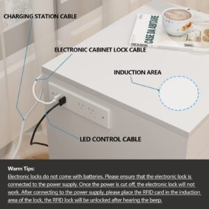 Auromie Nightstand with Charging Station and LED Lights, Concealment Furniture with RFID Lock Cabinet and Power Outlets, Bedside Table with Hidden Compartment for Valuables Storage, White