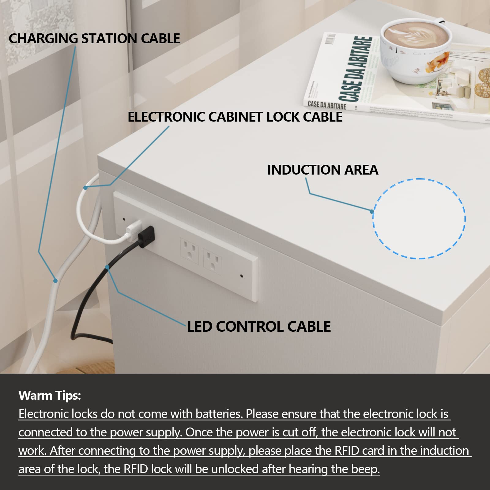 Auromie Nightstand with Charging Station and LED Lights, Concealment Furniture with RFID Lock Cabinet and Power Outlets, Bedside Table with Hidden Compartment for Valuables Storage, White