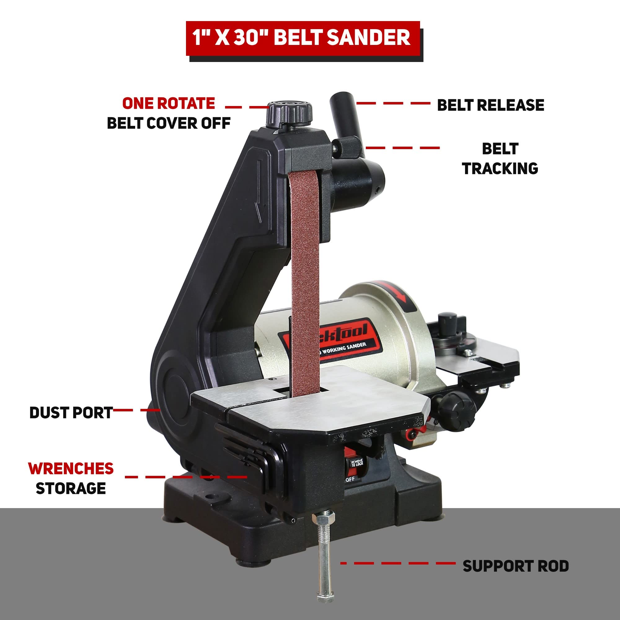 Bucktool 1x30 Inch Bench Belt Sander with 5 Inch Disc with Wrench Storage and Easy Belt Cover Off, 1/3HP Direct Drive Benchtop Belt Disc Sander