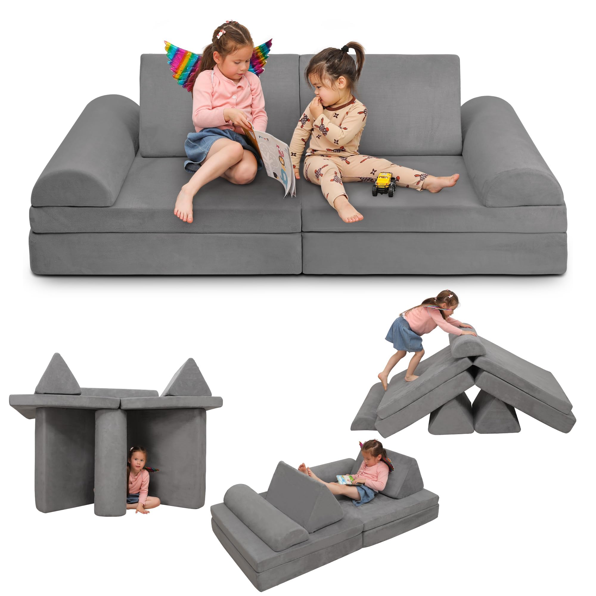 Betterhood Play Couch Sofa for Kids Large Size, Modular Kids Play Couch, Kids Couch Building Fort for Playroom Bedroom, Children Convertible Foam Cushion Couch for Boys and Girls, Grey