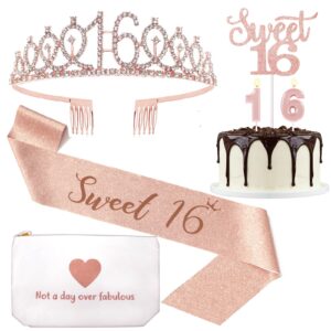 16th birthday decorations for girls, sweet 16 birthday sash, tiara crown, canvas makeup bag, cake topper & candles, 16th birthday gifts for her birthday party