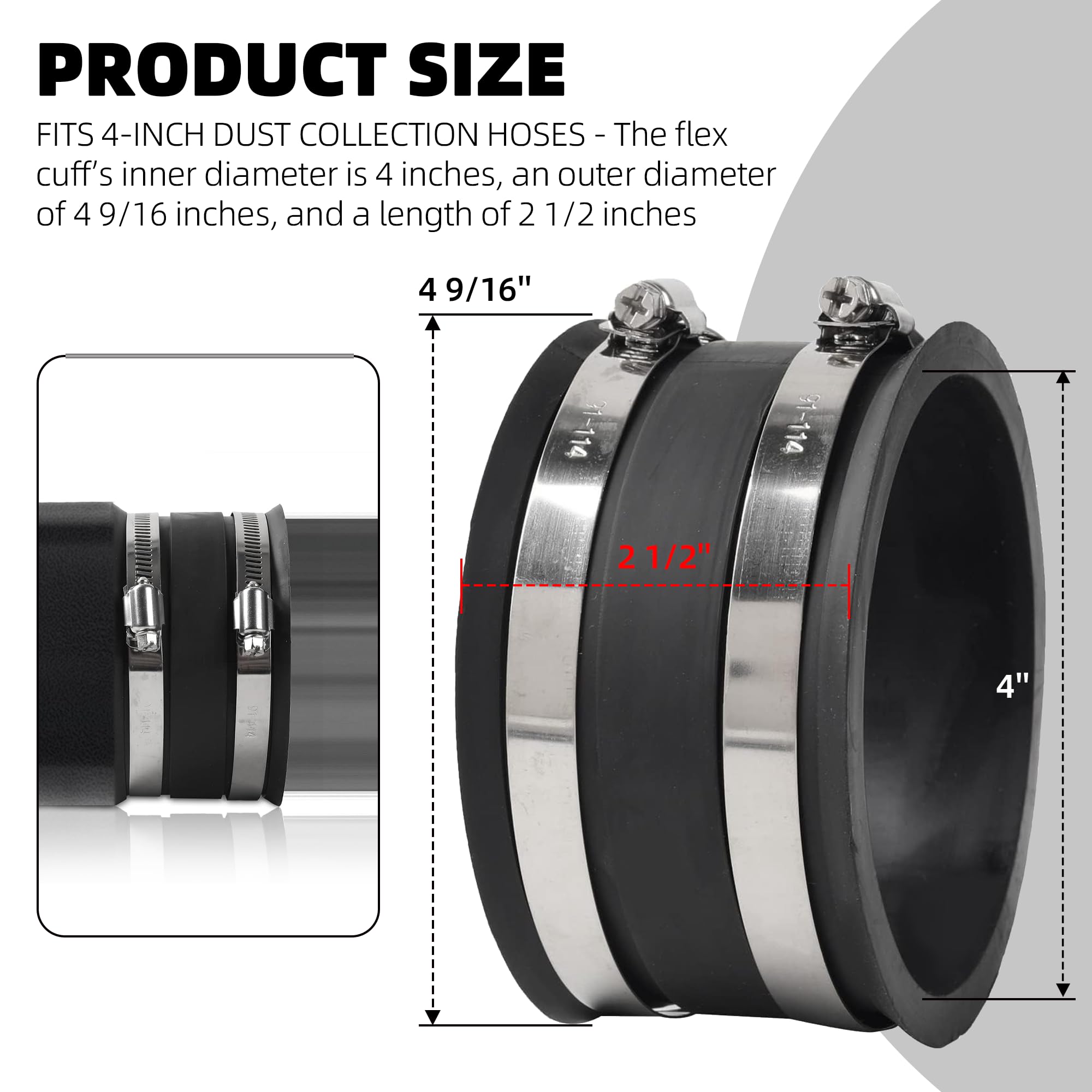 TonGass (2-Pack) 4 Inches Outer Diameter Flexible Hose Cuff Coupler with Integrated 2 Dust Collection Hose Clamps - Rubber Vacuum Hose Connector