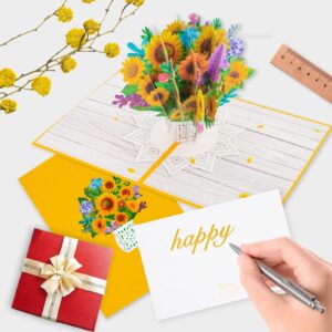 JinRuiKJ Sunflowers 3D Pop Up Card - Handmade 3D Popup Cards with Envelope, 5.9" x 7.9" Cover, Pop Up Flower 3D Greeting Cards - Funny Birthday Cards for Women