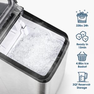 EUHOMY Nugget Ice Maker Countertop, Max 33lbs/day, 2 Way Water Refill, Self-Cleaning Pebble Ice Maker Machine with 3Qt Reservoir, Ice Makers Countertop Ideal for Home, Office, Bar, and Party. (Silver)