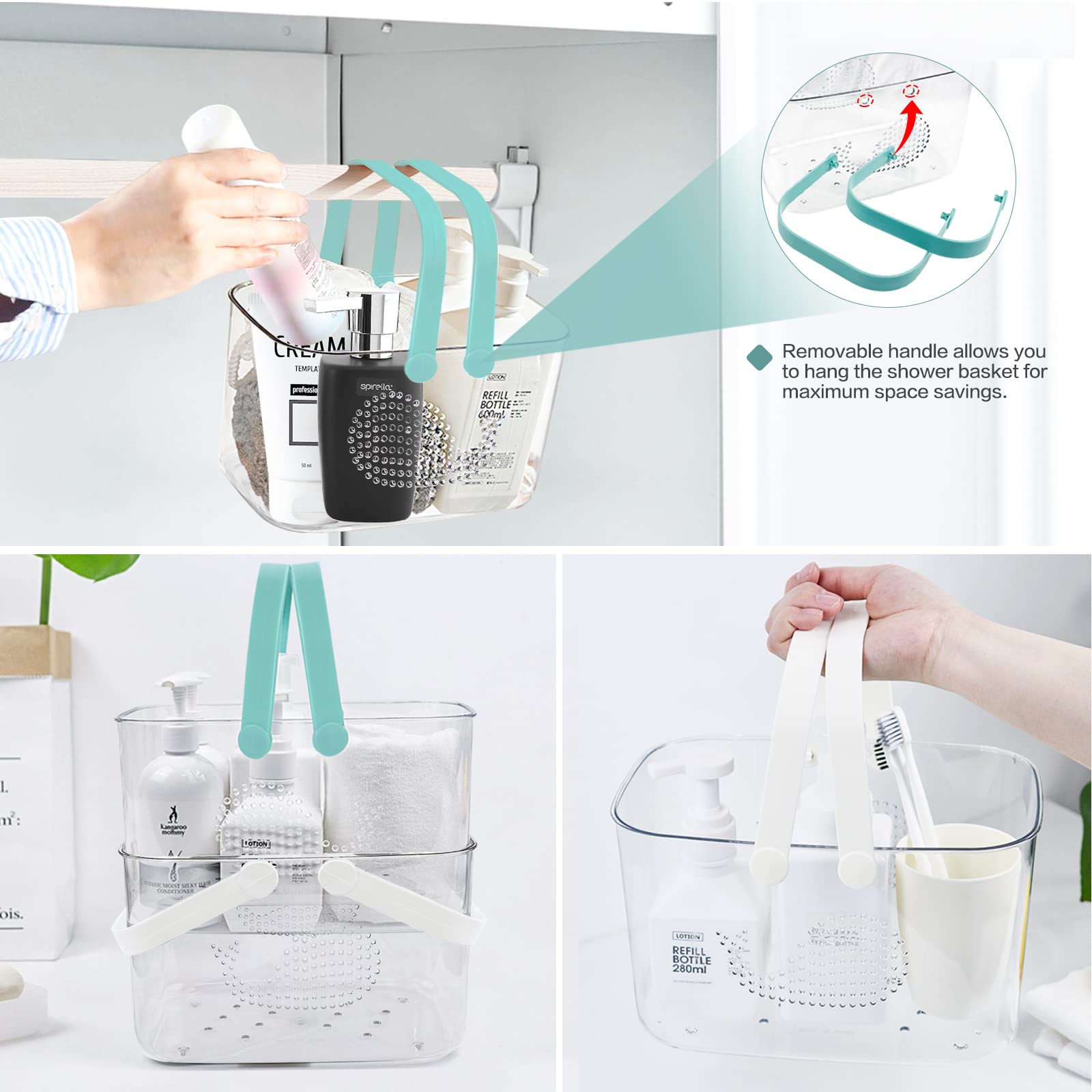 FODIENS 2 Pack Plastic Shower Caddy Basket, Portable Shower Caddy Tote Storage Basket with Handles, Clear Cleaning Supplies Organizer Bin for Bathroom Kitchen College Dorm (White+Cyan)