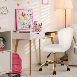 leejay cute fuzzy desk chairs for granddaughter teen girls, white and gold vanity chair, fluffy task chair for makeup room, furry chair with golden legs, granddaughter gifts from grandma