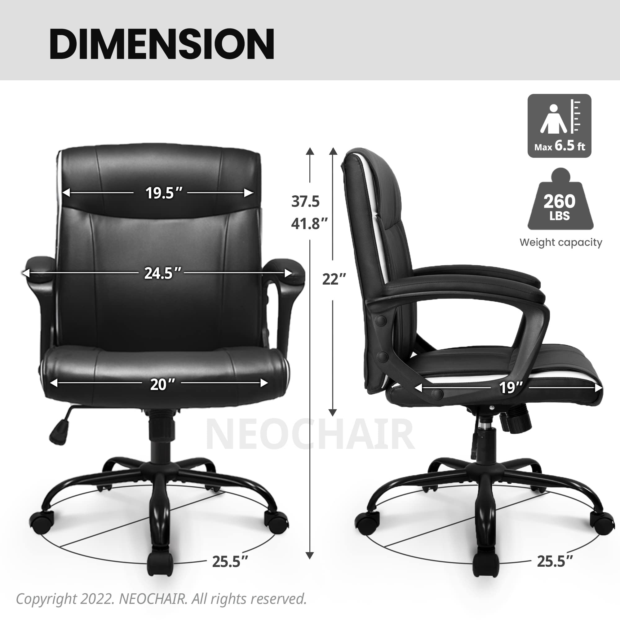 NEO CHAIR Ergonomic Office Chair Desk Chair Mid Back Executive PU Leather Adjustable Computer Desk Gaming Chair Comfortable Padded Arm Lumbar Support Rolling Swivel with Wheels (Black)