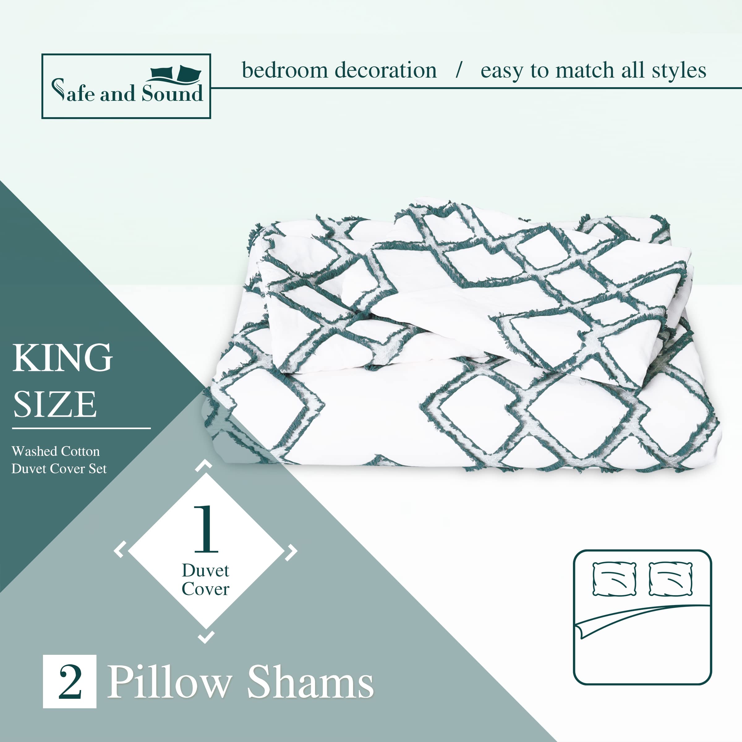 Safe and Sound Duvet Cover, Soft, Breathable 3 Pieces Bedding Set with Zipper Closure, 8 Corner Ties, 2 Pillow Shams, 1 Duvet Cover for All Seasons (King, 104X90'', White & Green)