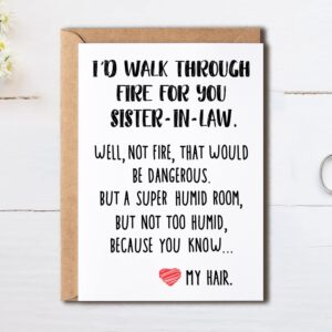 Funny Sister-In-Law Gifts - I'd Walk Through Fire For You Sister-In-Law Card - Birthday Gift Ideas For Worlds Best Sister Card - Best Friend Card