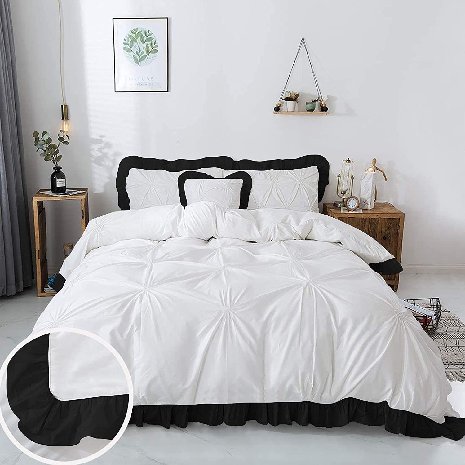 Decorative 5PC Two Tone Pinch Pleated Corner Ruffle Frilled Duvet Cover Set with Zipper, 100% Egyptian Cotton, 400 Thread Count - White/Black Solid, Oversize Queen Size.