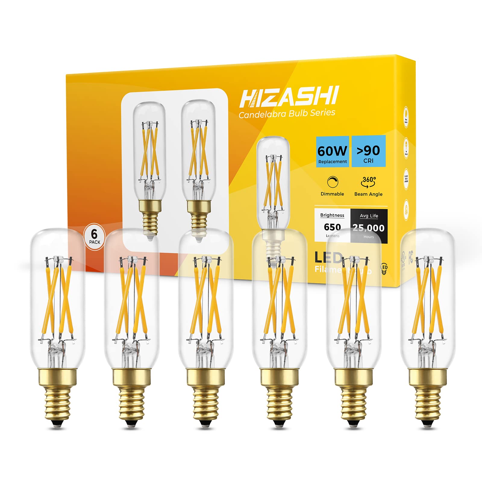 Hizashi Chandelier Light Bulbs 60 Watt, E12 LED Bulbs Dimmable Warm White 2700K, T6/T25 Candelabra LED Light Bulbs, 90+ CRI 6W 650LM, UL Listed 110V-130V AC, 6 Pack