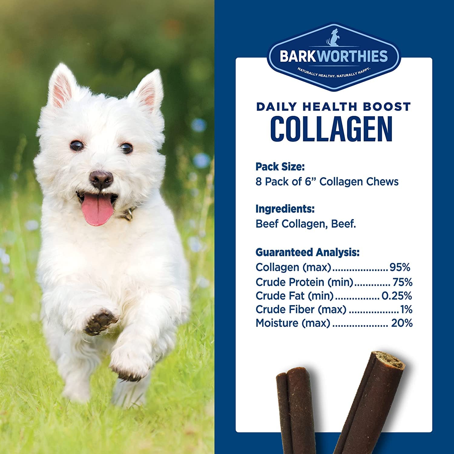 Barkworthies Premium Collagen Beef Sticks for Dogs - 2 Pack 6 inch Daily Health Collagen Chews- 8 Count Grain Free, Rawhide Free, Natural Dog Treats for Aggressive Chewers Dog Pack with E-Book