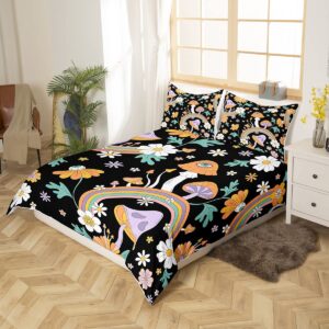 Erosebridal Trippy Mushroom Duvet Cover Queen Groovy Floral Bedding Set Cute Rainbow Comforter Cover with Zipper Closure Two Groovy Party Boho Hippie Mushroom Bed Sets Retro Party Decorations Bedding