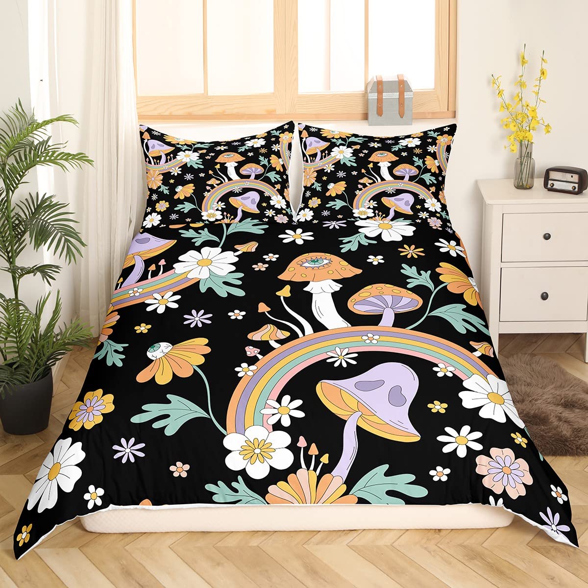 Erosebridal Trippy Mushroom Duvet Cover Queen Groovy Floral Bedding Set Cute Rainbow Comforter Cover with Zipper Closure Two Groovy Party Boho Hippie Mushroom Bed Sets Retro Party Decorations Bedding