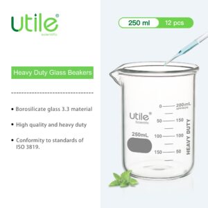 Utile 12pcs of Heavy Duty Glass Beakers, Vol.250m(8.5oz), Borosilicate 3.3 Glass with Double Scaled Printed Graduation, 4046.0250.12