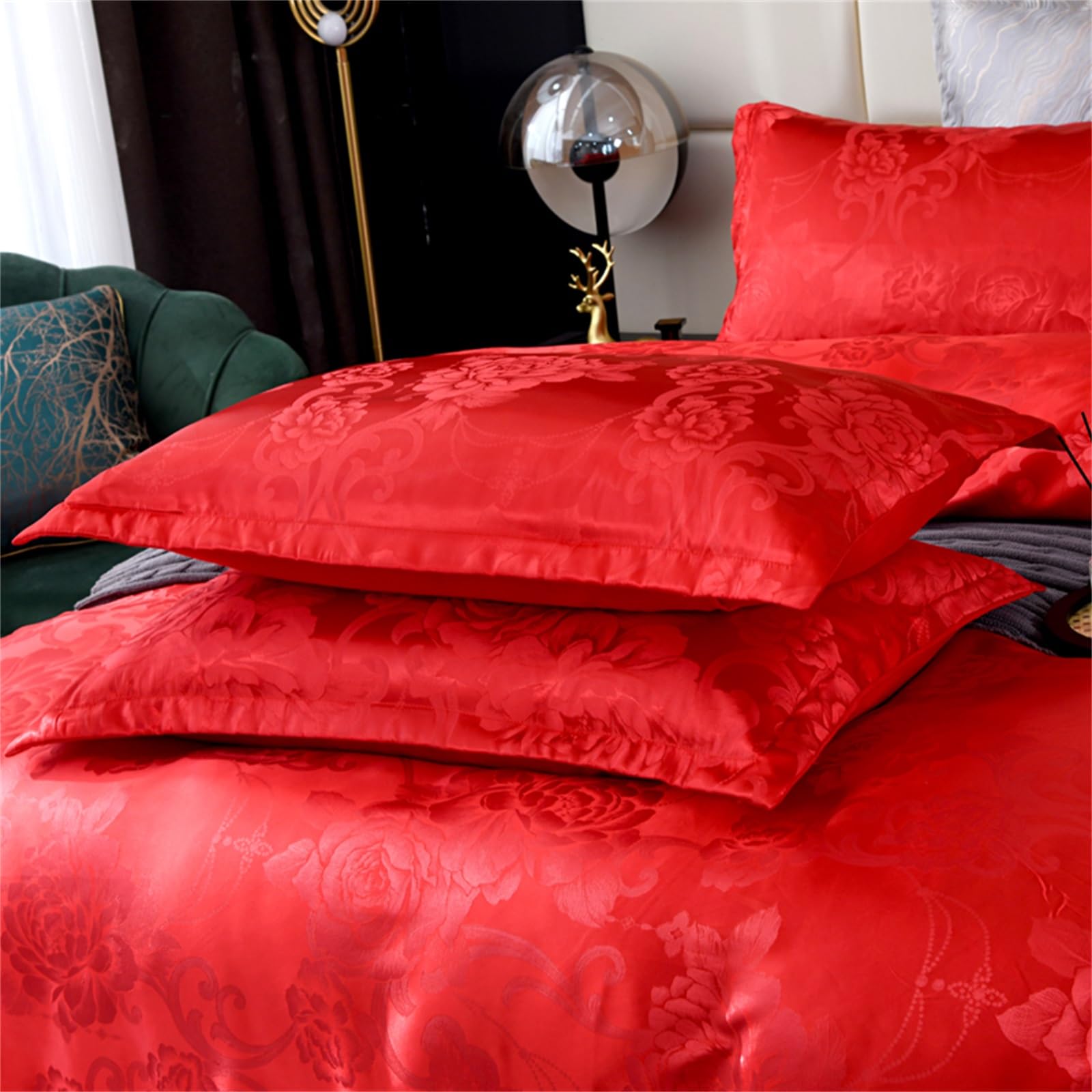 TUMAN Pro European-Style Satin Jacquard Duvet Cover Set, Red Luxury Comforter Set for All-Season, Ultra Soft Breathable Bedding Set with 1 Duvet Cover & 2 Pillowcases,No Comforter (Red, Queen)