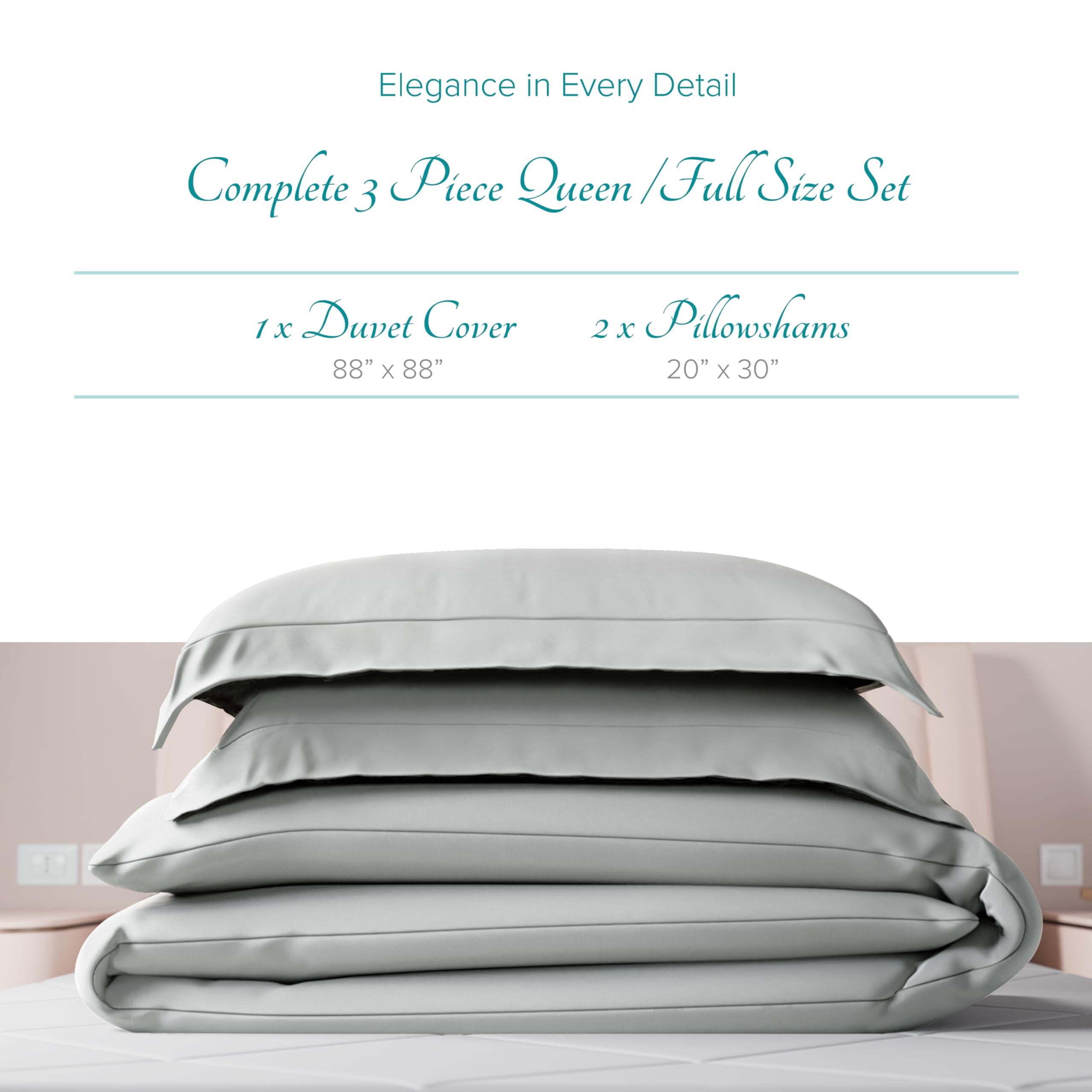 Carressa Linen 100% Egyptian Cotton Duvet Cover Queen Size - 800 Thread Count 3 PC Silver Duvet Cover Set, Extra Long Staple Egyptian Cotton Quilt Cover, Soft, Breathable with Hidden Zipper Closure