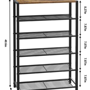 Yusong Shoe Rack, 6 Tier Shoe Organizer Storage for Closet Entryway, Narrow Tall Metal Shoe Shelves with Industrial Wooden Top, Rustic Brown and Black