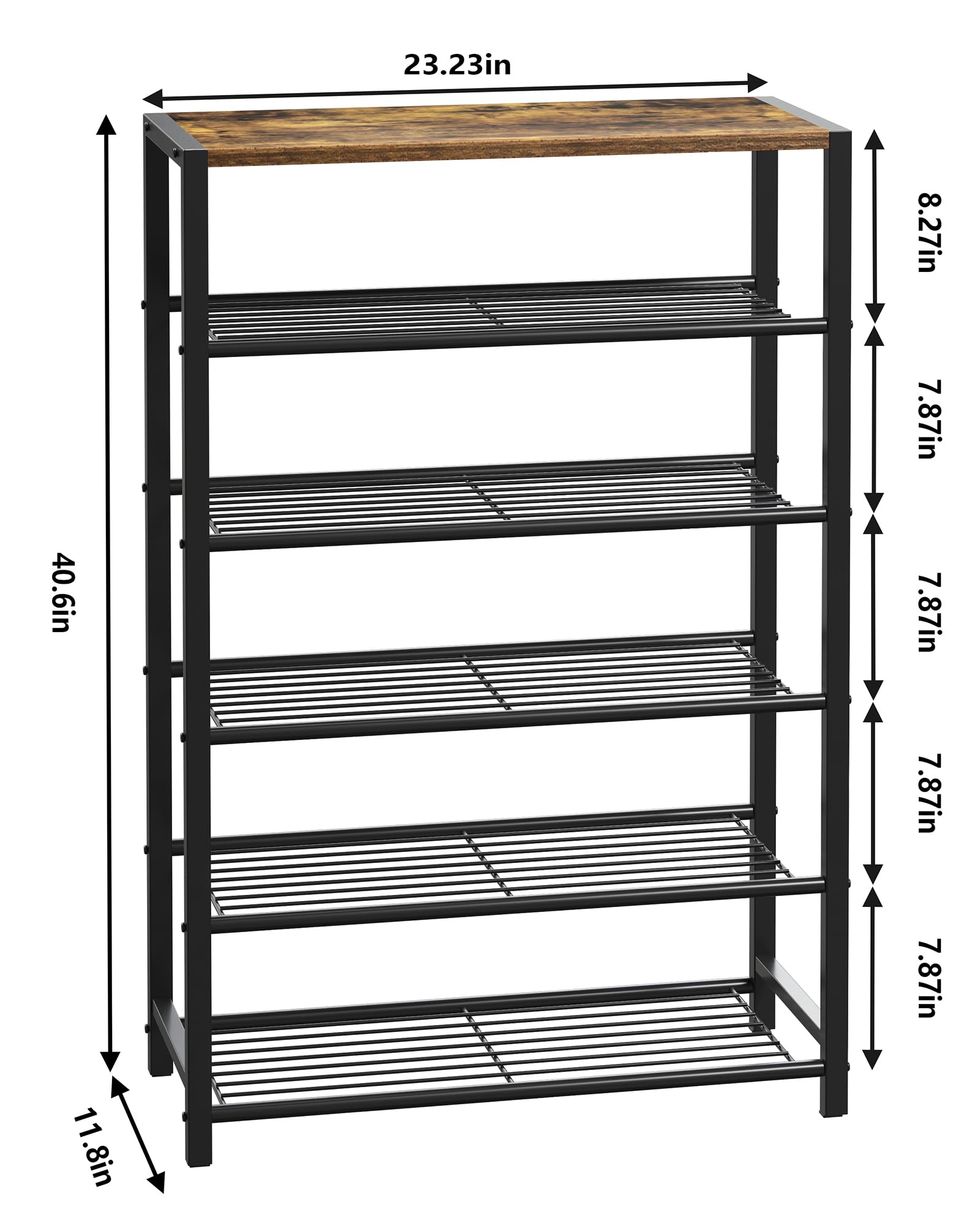 Yusong Shoe Rack, 6 Tier Shoe Organizer Storage for Closet Entryway, Narrow Tall Metal Shoe Shelves with Industrial Wooden Top, Rustic Brown and Black