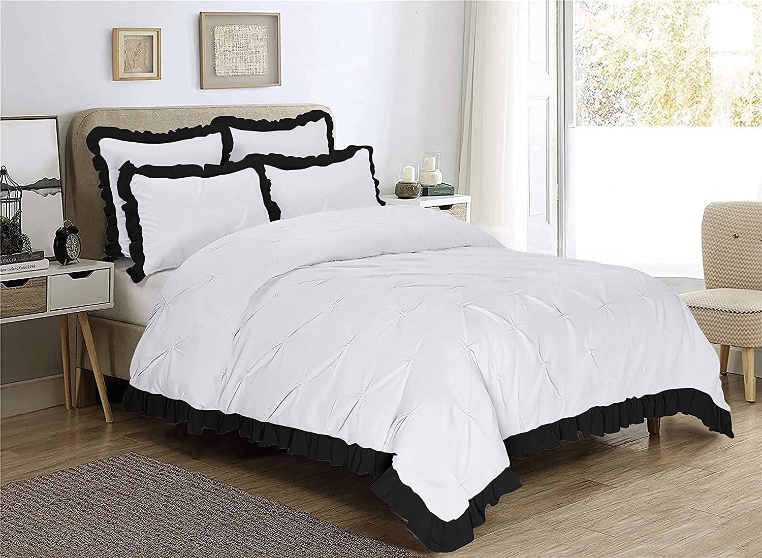 Decorative 5PC Two Tone Pinch Pleated Corner Ruffle Frilled Duvet Cover Set with Zipper, 100% Egyptian Cotton, 400 Thread Count - White/Black Solid, Oversize Queen Size.