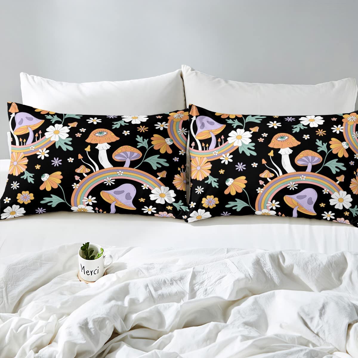 Erosebridal Trippy Mushroom Duvet Cover Queen Groovy Floral Bedding Set Cute Rainbow Comforter Cover with Zipper Closure Two Groovy Party Boho Hippie Mushroom Bed Sets Retro Party Decorations Bedding