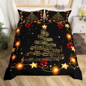 manfei christmas tree duvet cover set king size, gold musical note print bedding set 3pcs for kids boys girls bedroom decor, new year theme xmas holidays comforter cover with 2 pillowcases