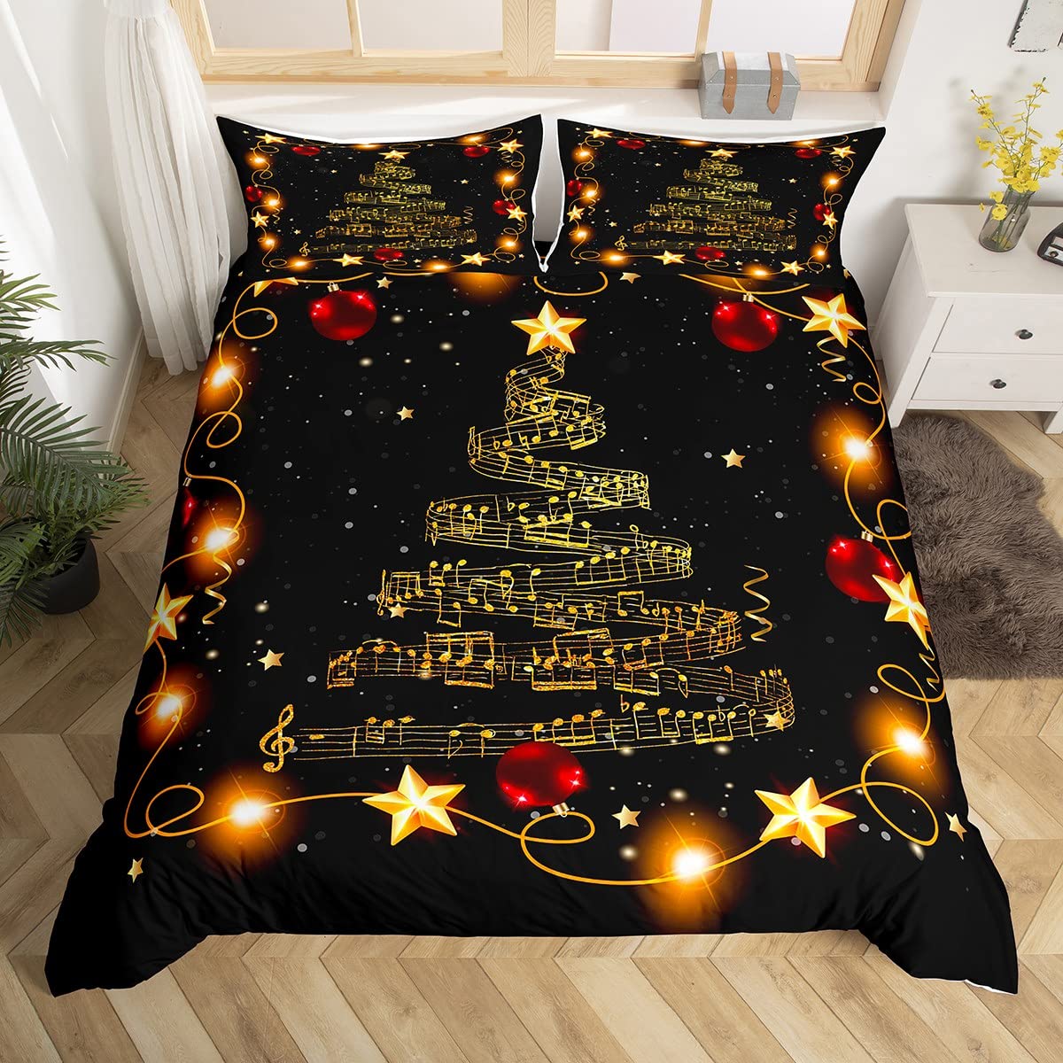 Manfei Christmas Tree Duvet Cover Set King Size, Gold Musical Note Print Bedding Set 3pcs for Kids Boys Girls Bedroom Decor, New Year Theme Xmas Holidays Comforter Cover with 2 Pillowcases