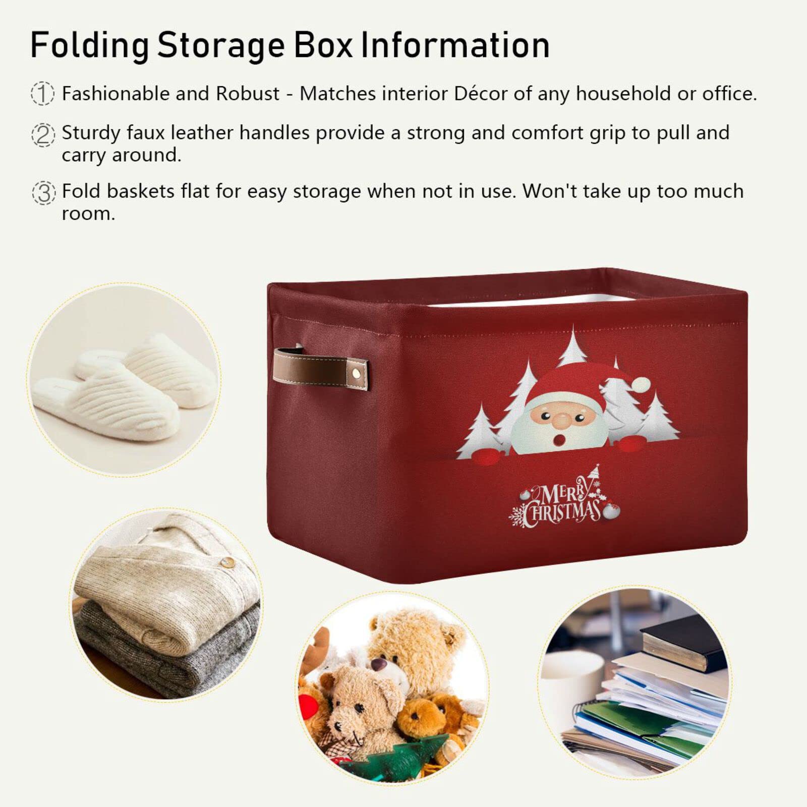 ALAZA Christmas Santa Claus Red Foldable Storage Box Storage Basket Organizer Bins with Handles for Shelf Closet Living Room Bedroom Home Office 2 Pack