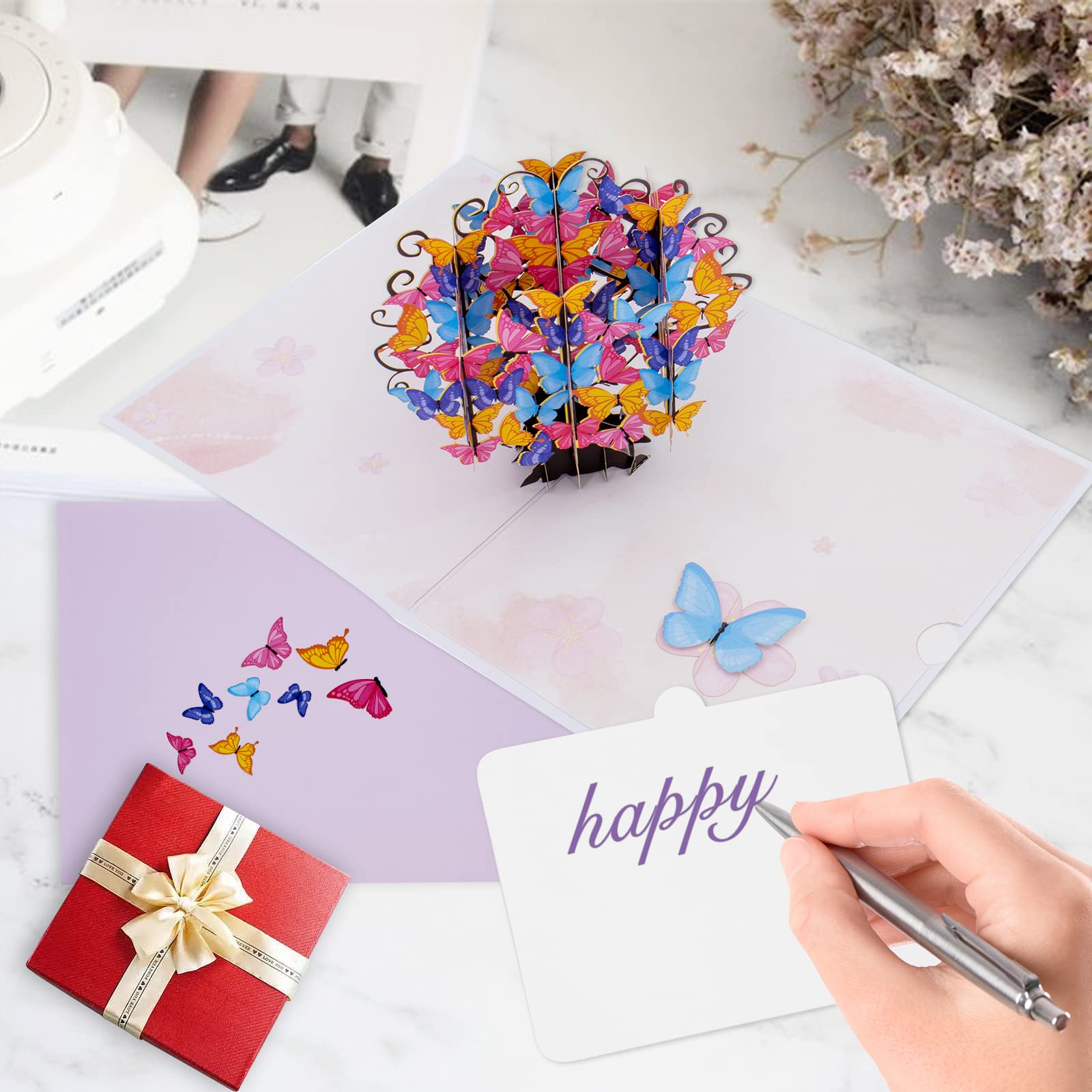 JinRuiKJ Butterfly Tree 3D Pop Up Card - Handmade 3D Greeting Cards with Envelope, 5.9" x 7.9" Cover - Funny Birthday Card for Mothers Day, Valentines Day, All Occasion