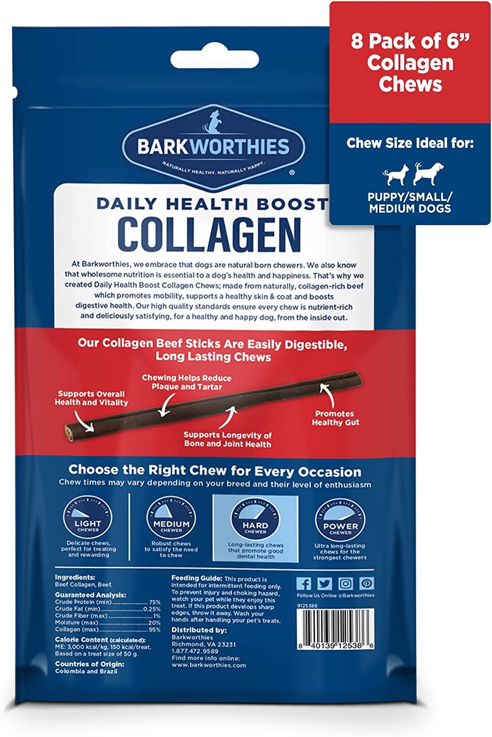 Barkworthies Premium Collagen Beef Sticks for Dogs - 2 Pack 6 inch Daily Health Collagen Chews- 8 Count Grain Free, Rawhide Free, Natural Dog Treats for Aggressive Chewers Dog Pack with E-Book