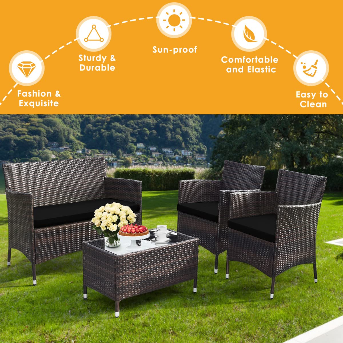 HAPPYGRILL 4 Pieces Patio Sofa Set Rattan Wicker Furniture Patio Conversation Set with Cushioned Sofa and Coffee Table for Outdoor Backyard Garden Poolside