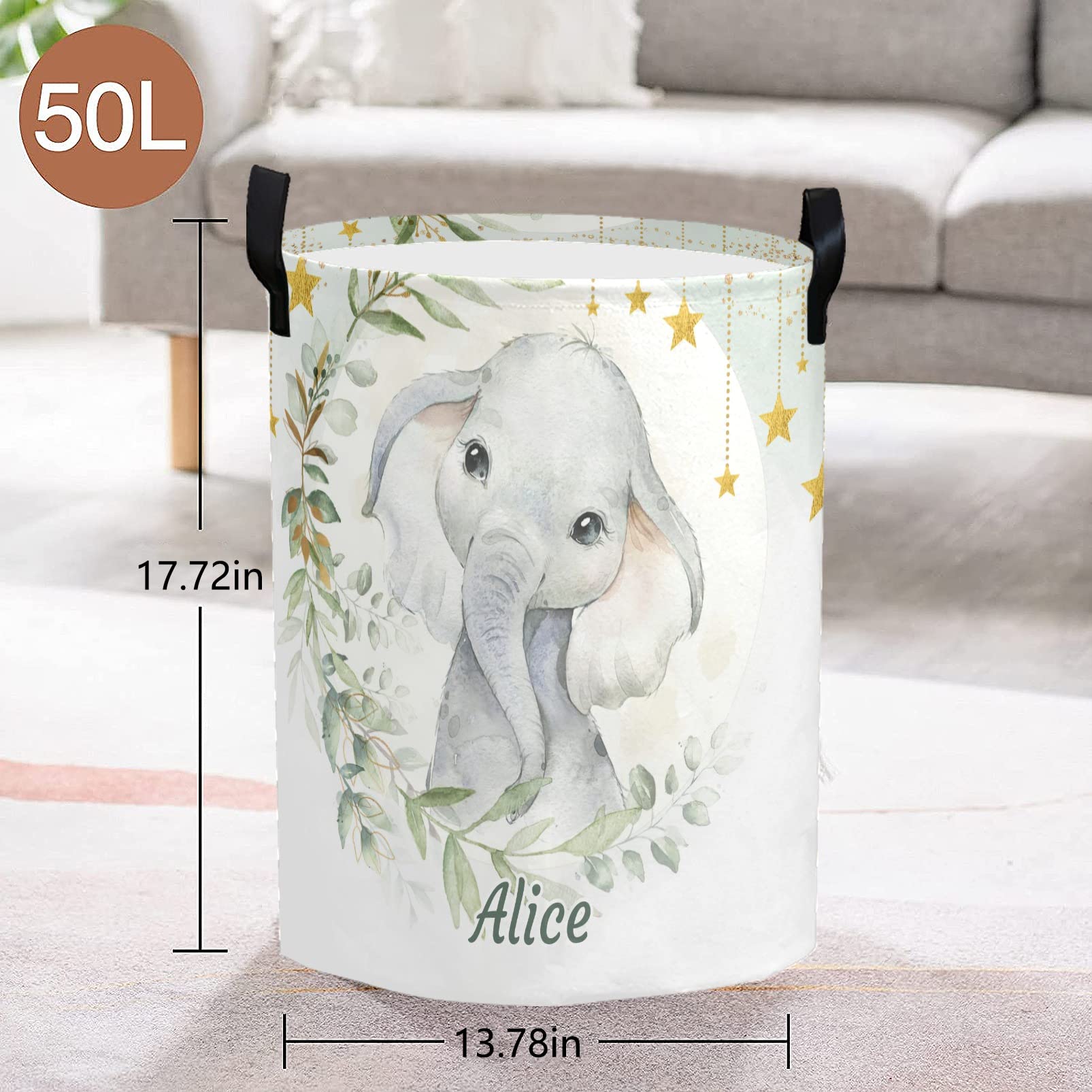 zaaprintblanket Laundry Basket Personalized Name Waterproof Foldable Laundry Hamper with Handle for Bathroom Bedroom Decor(Gold Stars Flower Elephant)