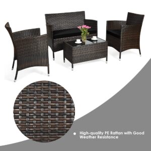 HAPPYGRILL 4 Pieces Patio Sofa Set Rattan Wicker Furniture Patio Conversation Set with Cushioned Sofa and Coffee Table for Outdoor Backyard Garden Poolside