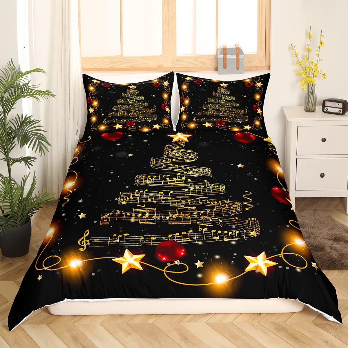 Manfei Christmas Tree Duvet Cover Set King Size, Gold Musical Note Print Bedding Set 3pcs for Kids Boys Girls Bedroom Decor, New Year Theme Xmas Holidays Comforter Cover with 2 Pillowcases