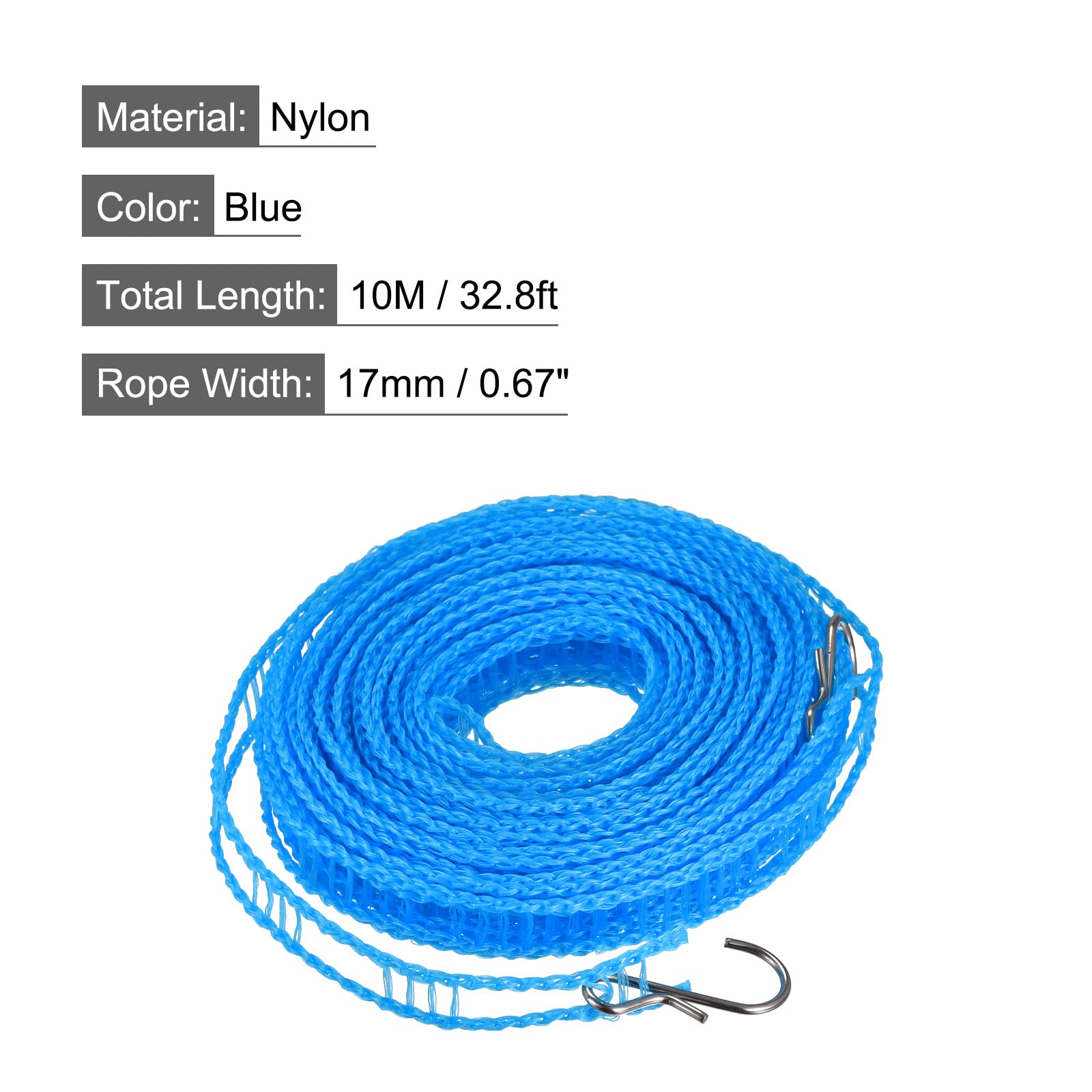 uxcell Portable Clothesline, 32.8ft Nylon Windproof Non-Slip Washing Line Rope for Courtyard Outdoor Travel Camping Laundry Drying, Blue