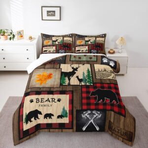 manfei rustic comforter set king size, wildlife deer bear trees print quilt set with 2 pillowcases, farmhouse style camping bedding set 3pcs for kids boys teens bedroom decor