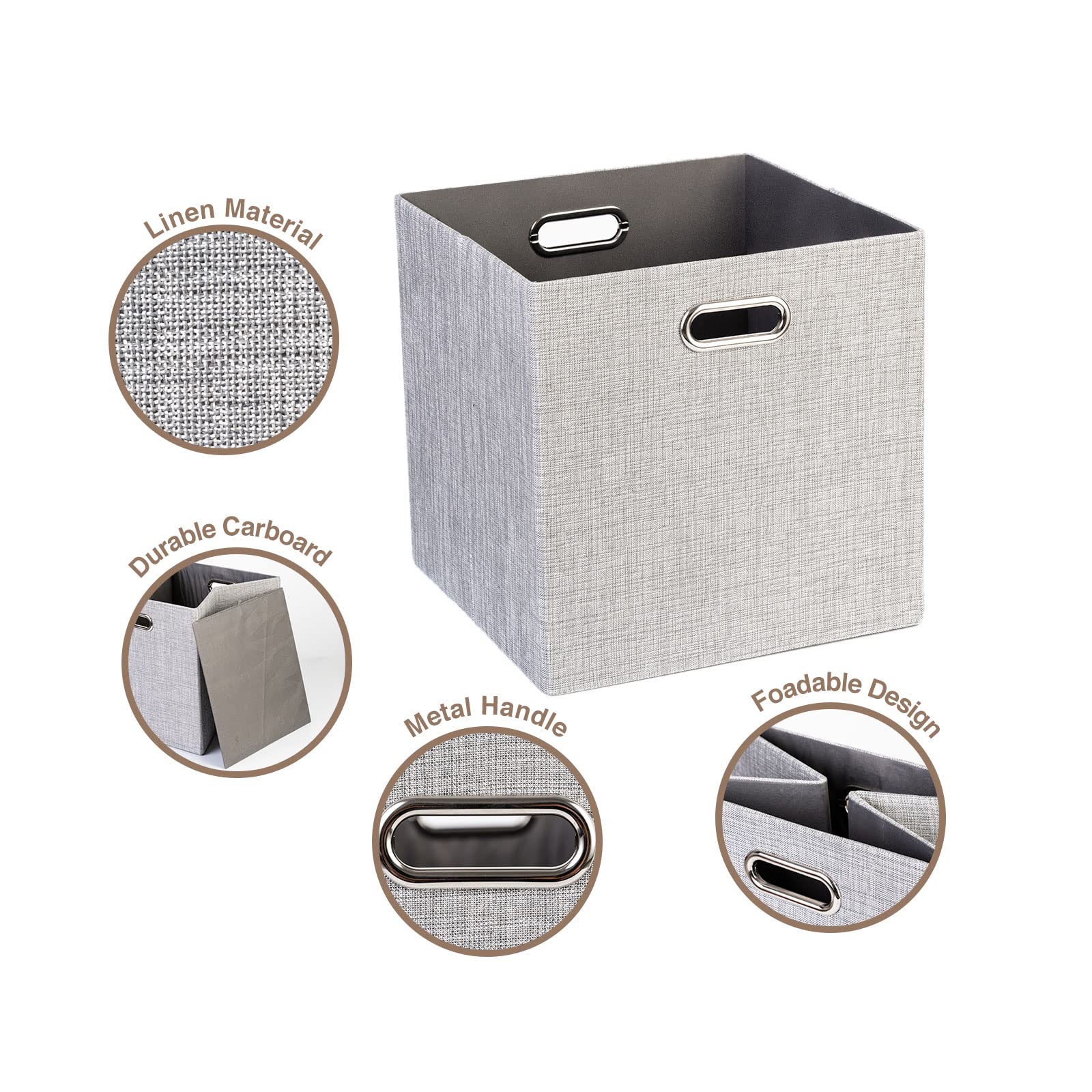 Jermichoc Cube Storage Bins 13x13inch - 4 Set Collapsible Linen Fabric Organizer Storage Bin with Dual Metal Handles for Organizing Closet, Clothes, Toys(Silver Grey)