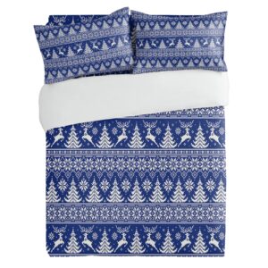 3 Pieces Twin Bedding Duvet Covers Set Winter Geometric Xmas Tree Reindeer Soft Quilt Cover and Pillow Shams, Comforter Cover Sets with Zipper Closure for Bedroom Decor Christmas Ethnic Red Blue