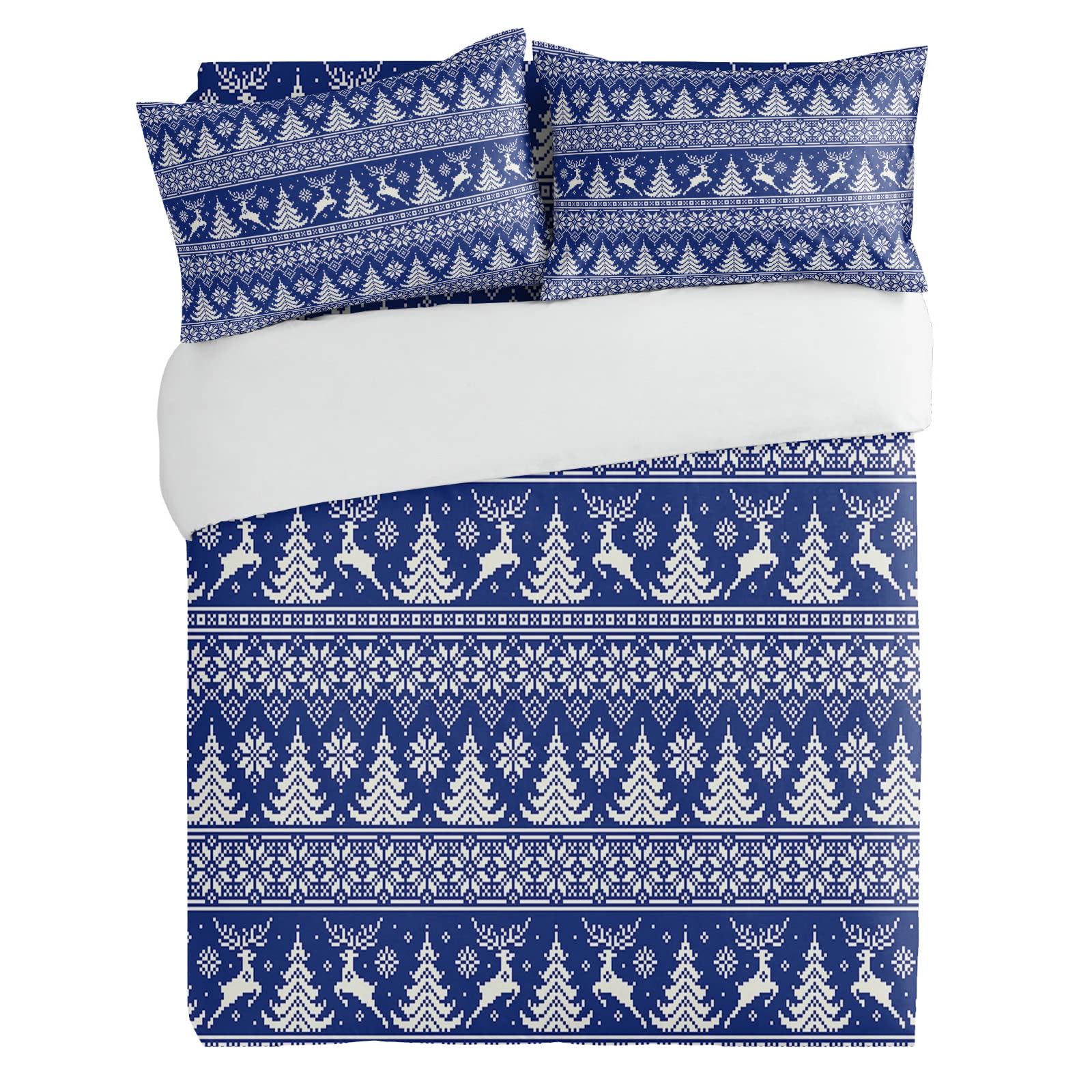 3 Pieces Twin Bedding Duvet Covers Set Winter Geometric Xmas Tree Reindeer Soft Quilt Cover and Pillow Shams, Comforter Cover Sets with Zipper Closure for Bedroom Decor Christmas Ethnic Red Blue