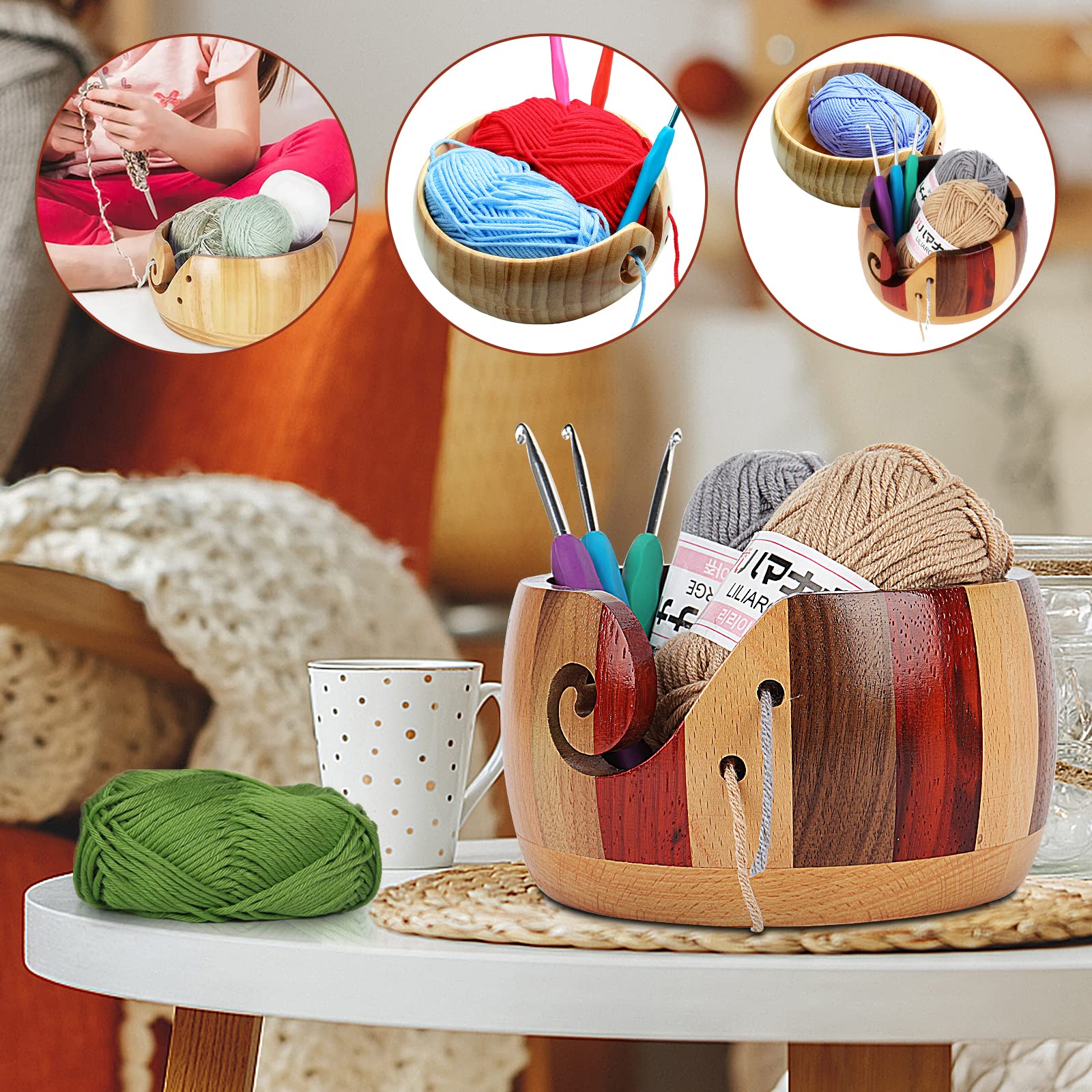 Aeelike Yarn Bowl Wooden Knitting Bowl, Handcrafted Yarn Holder Wooden Yarn Bowls for Knitting, Yarn Ball Storage Organizer Bowl - Knitting Project Bowl with Holes