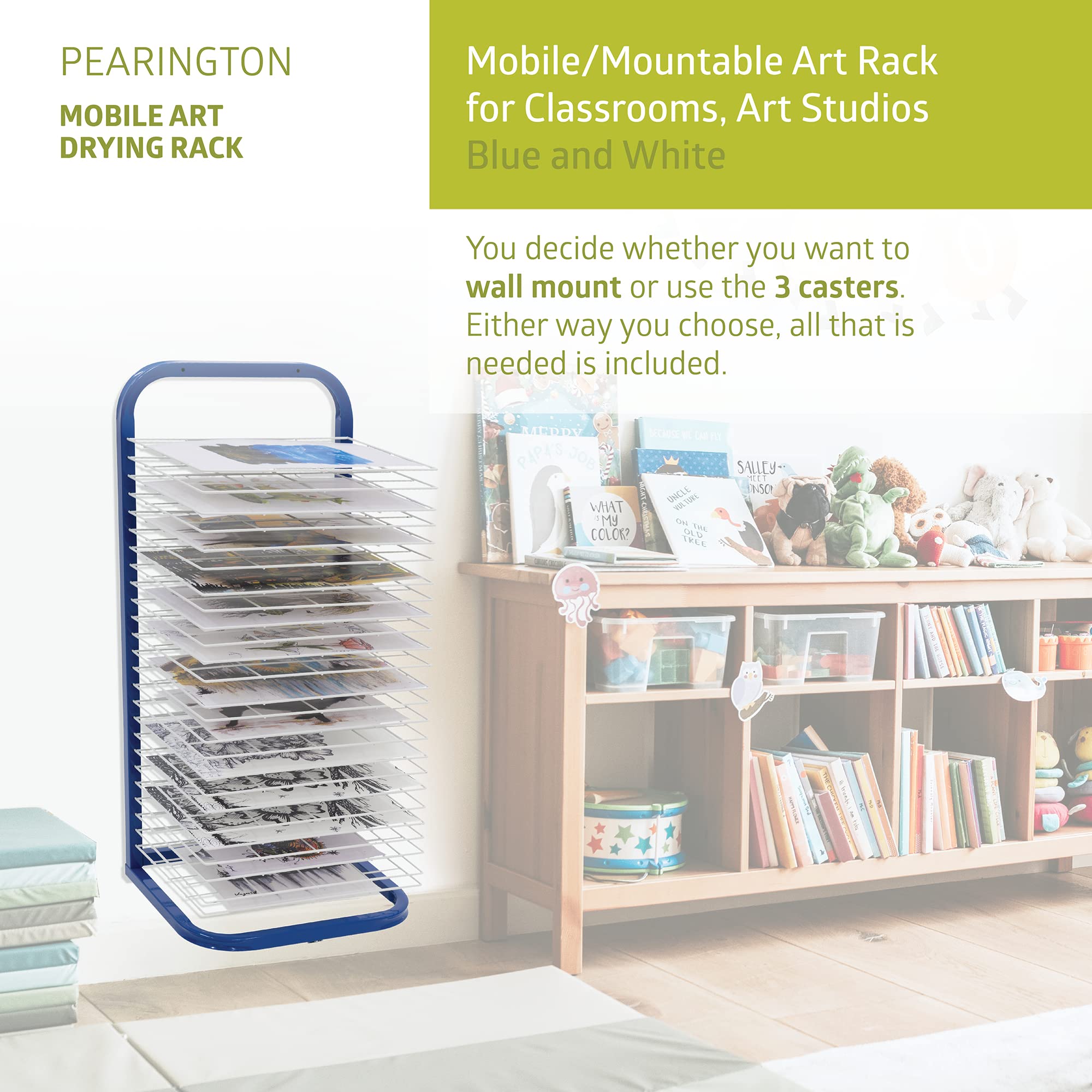 Pearington 25-Shelf Mobile/Wall Mountable Art Drying Rack for Art Studios & Classrooms, 13" D x 17.5" W x 39.4" H, Blue/White